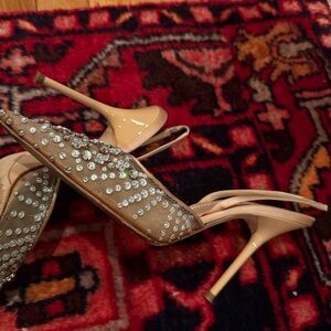 Rene Caovilla “Raso” Beige Crystal Slingback Heels